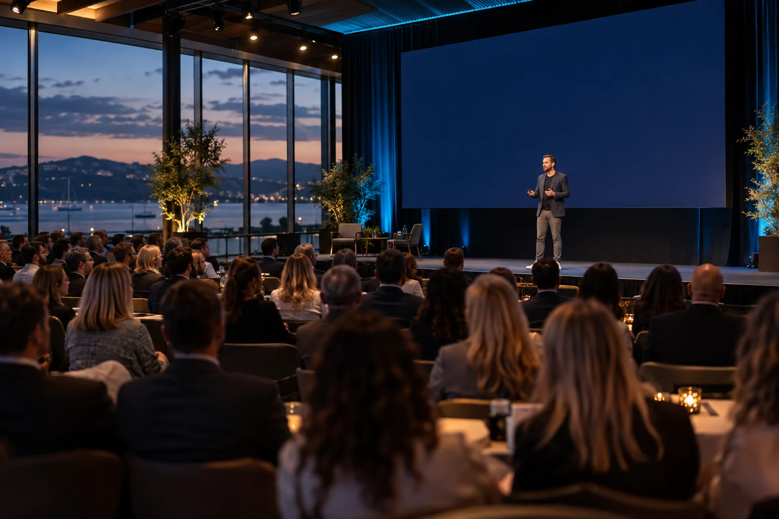 Concept scene of an intimate keynote with a seated audience in a waterfront event venue