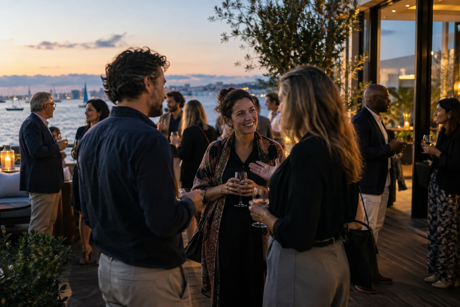Concept scene of guests in conversation at a waterfront event reception