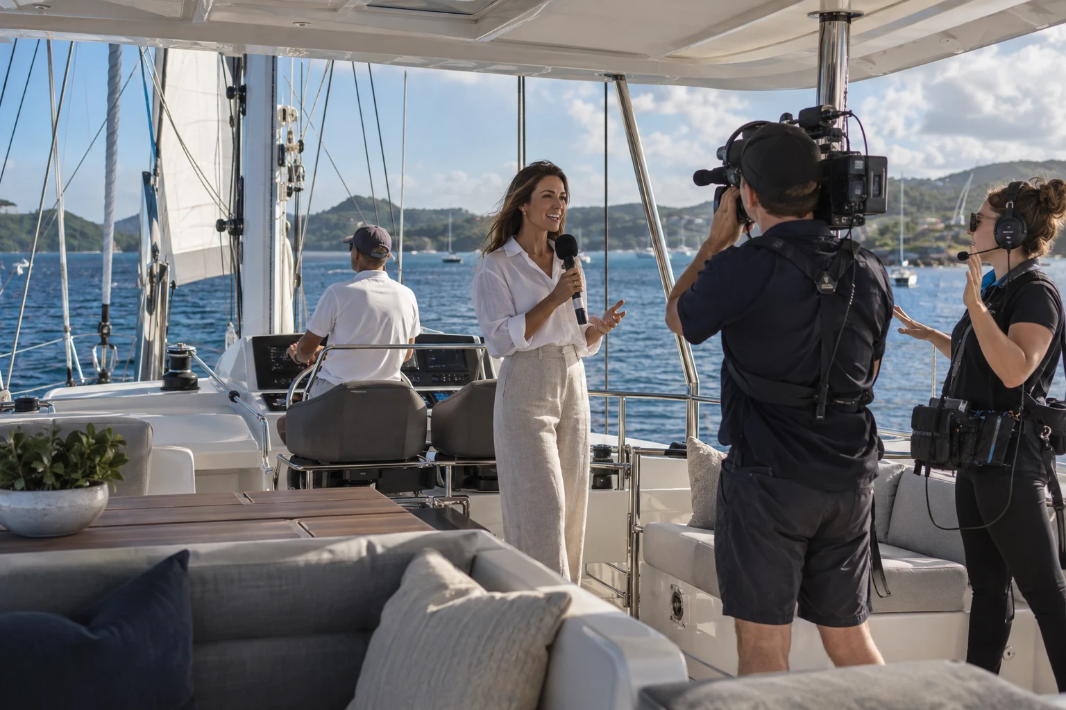Concept scene of a presenter and camera crew preparing a live broadcast on a sailing catamaran flybridge