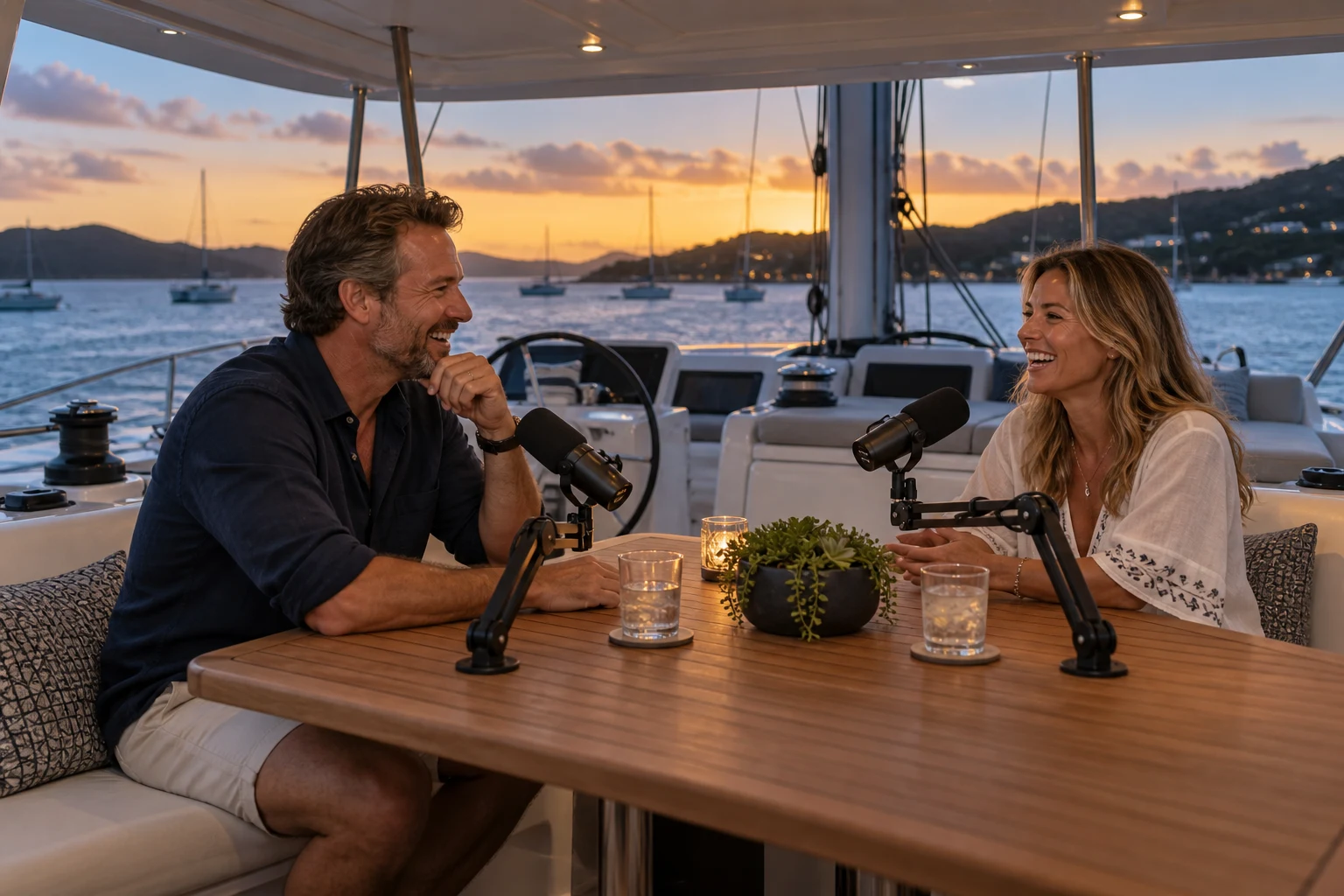 Concept scene of a host and guest in conversation with broadcast microphones on the flybridge at sunset