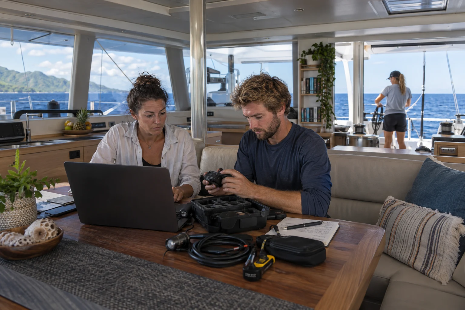 Concept scene of researchers preparing recording equipment in a sailing catamaran salon